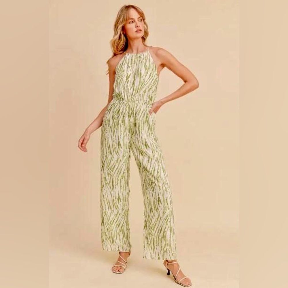 Paper Crane Green and White Printed Halter Jumpsuit